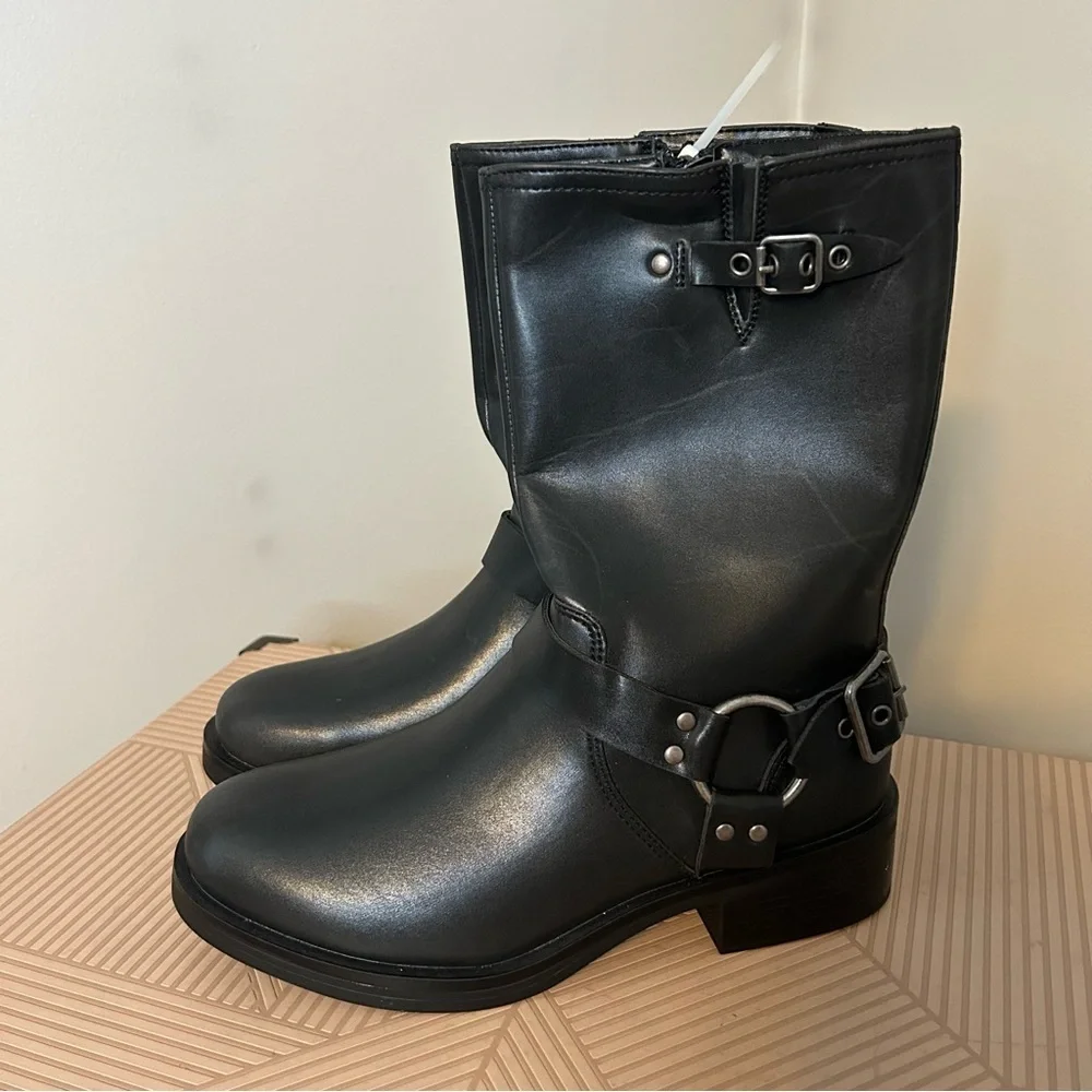 Steve Madden Boots Black Faux Leather Boots Beckky Harness Moto Neutral Buckle
